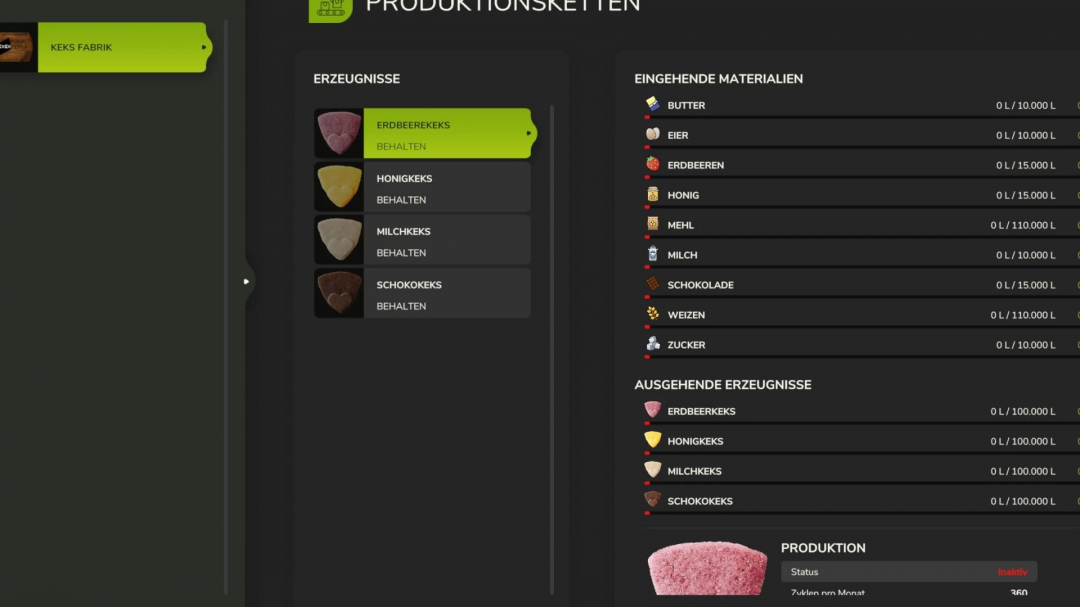 FS25 mods, Cookies factory production interface showing ingredients and products like strawberry and chocolate cookies.