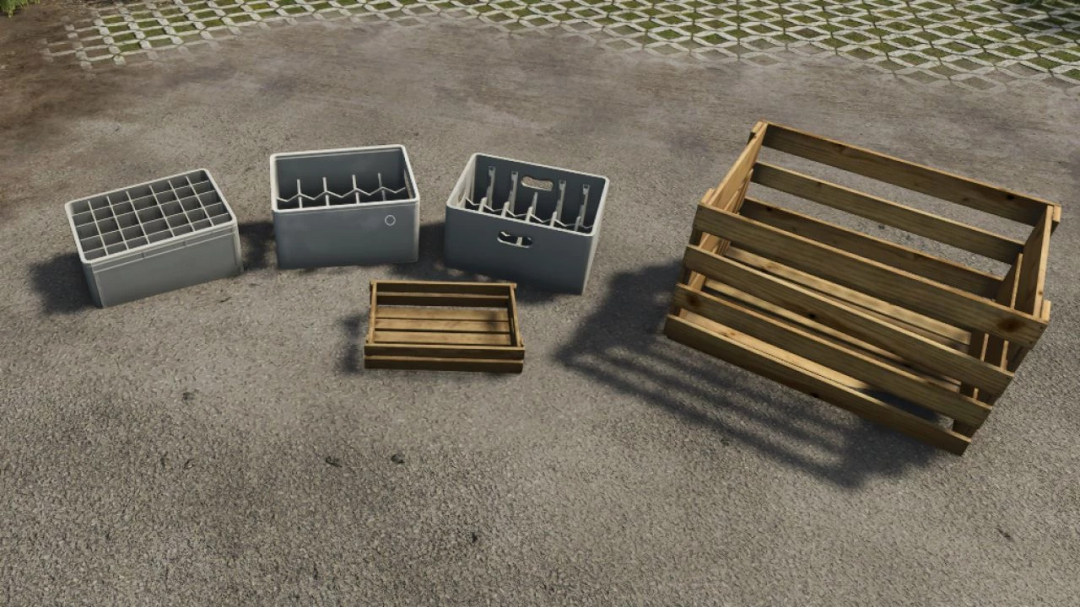 FS25 Decorations Pack 7 mod showing various crates and boxes on pavement.