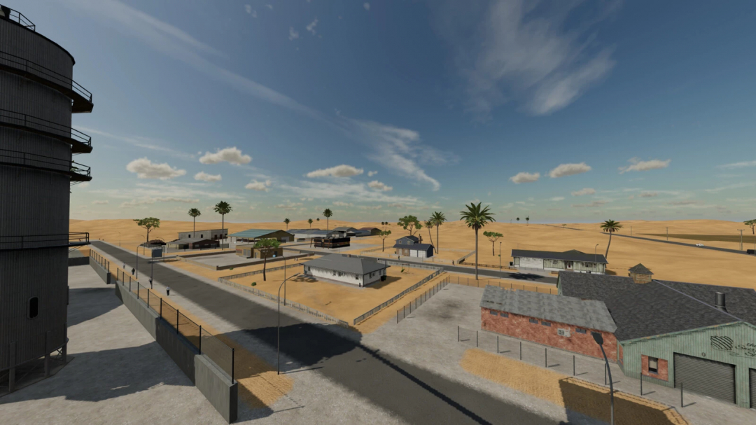 Desert Oasis mod for FS22 features a sandy landscape with buildings and palm trees, enhancing Farming Simulator 22 gameplay.