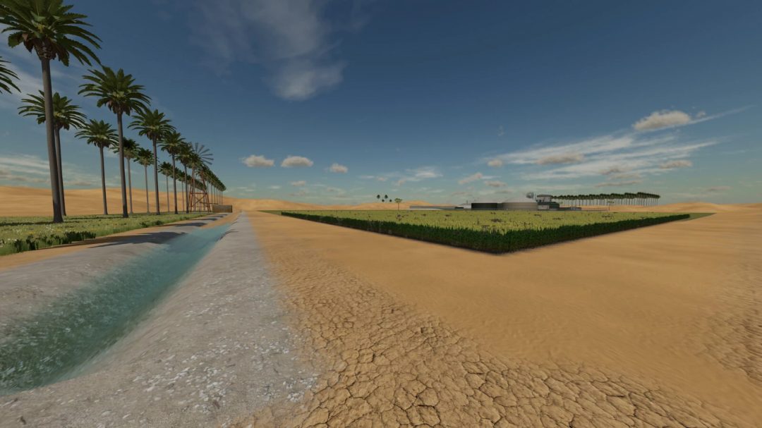 Desert Oasis mod for FS22 showing a canal, palm trees, and green fields in a desert landscape.