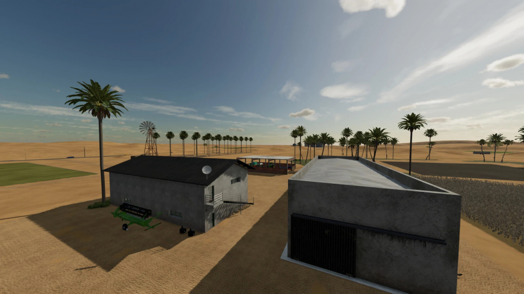 FS22 mods Desert Oasis v1.0.0.0 image, showing a desert farm with palm trees and buildings under a clear sky.