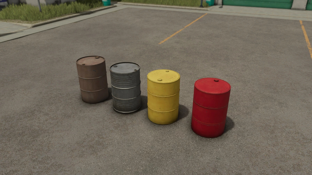 Four colored diesel barrels in Farming Simulator 25 mod Diesel Barrel v1.0.0.0.