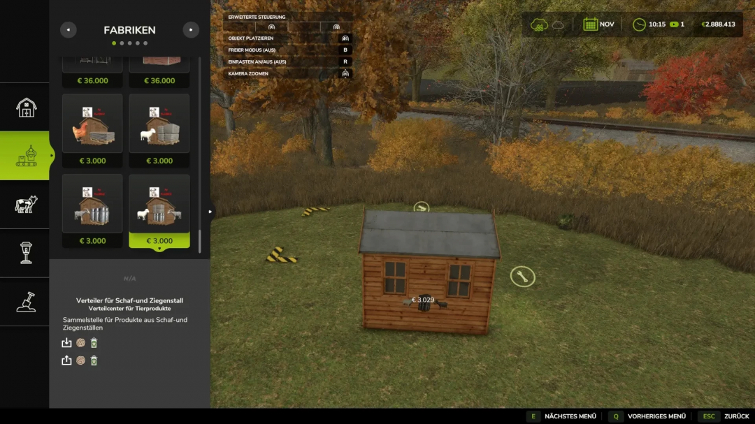 FS25 mod Distribution for Animal Products interface displaying selection menu for animal shelters setup.