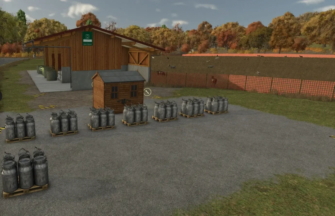 FS25 mod Distribution for Animal Products v1.0.0.0 showcases milk containers outside a barn, enhancing farming simulation.