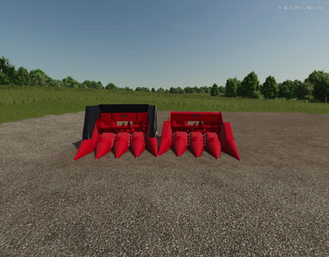 FS25 CASEIH 1000 Series Cornheads mod in Farming Simulator 25 showcasing red corn harvesting attachments.