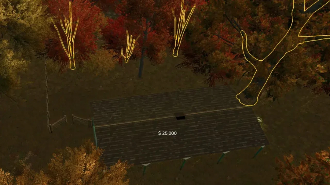 FS25 mod Free Easy Fences v1.0.0.0 showing placement of fences with cost indicator amidst autumn trees.