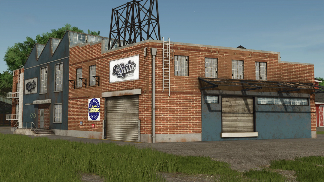 FS25 Los Santos Customs v1.0.0.0 mod building exterior with brick facade and signage, featured in Farming Simulator 25 mods.