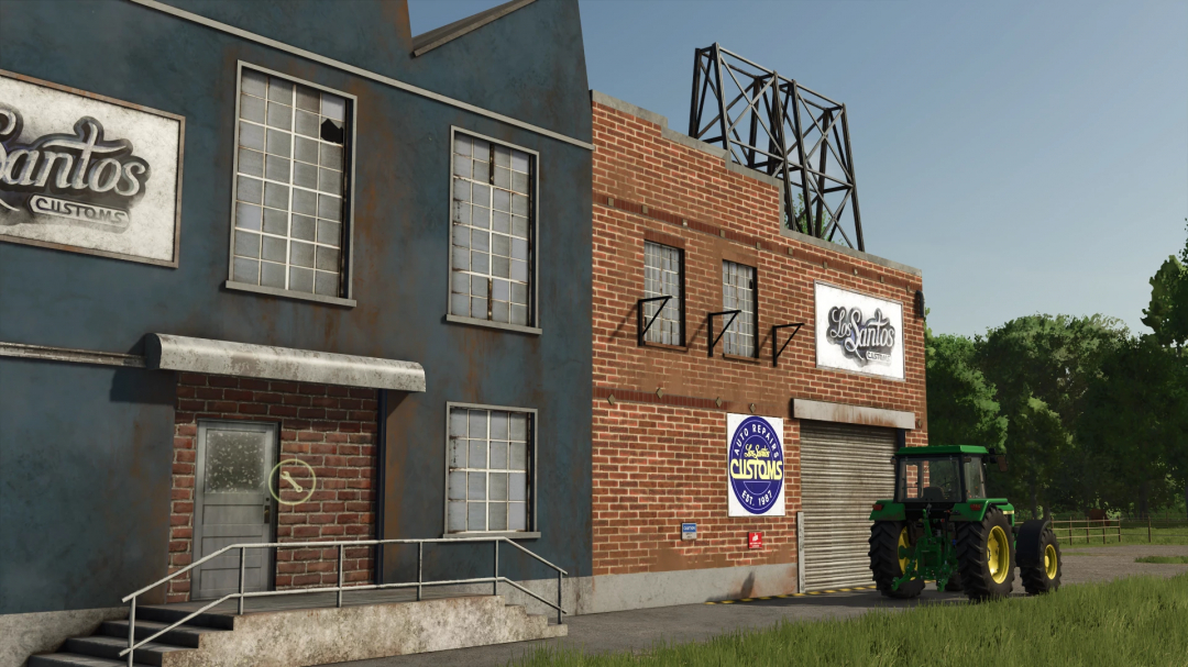 FS25 mod Los Santos Customs building with tractor, showcasing vibrant brickwork and detailing from Farming Simulator 25.