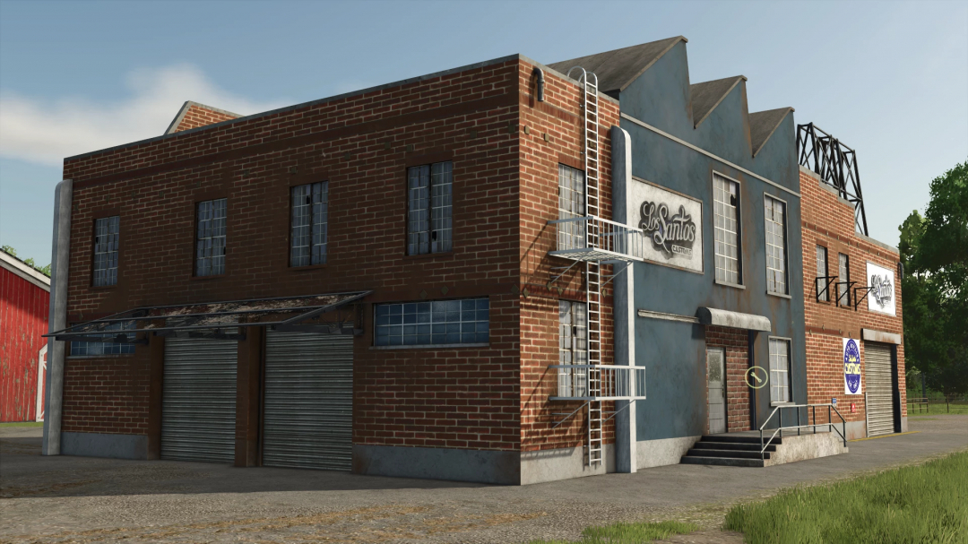 FS25 Los Santos Customs mod building with red brick and blue facade, showcased in Farming Simulator 25.