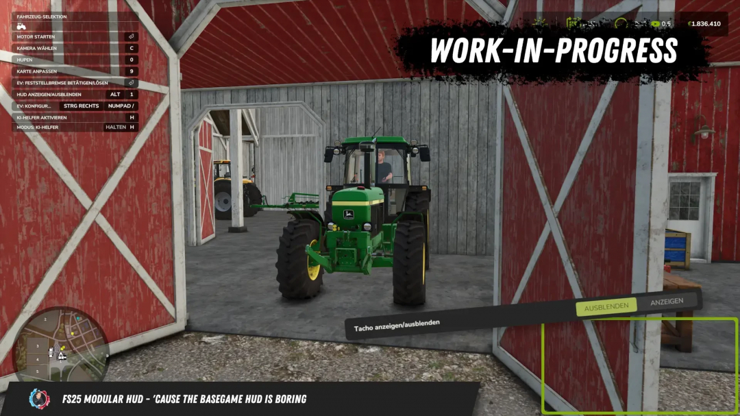 FS25 Modular HUD v1.0.0.0 mod screenshot showing a green tractor in a red barn with HUD options, enhancing Farming Simulator 25 gameplay.