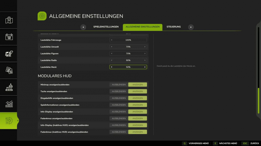 FS25 Modular HUD settings menu showing sound and display options in Farming Simulator 25 mods.