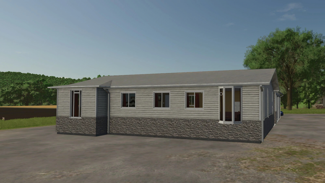 Farmhouse mod in FS25 featuring a modern rural home with wooden siding and stone base.