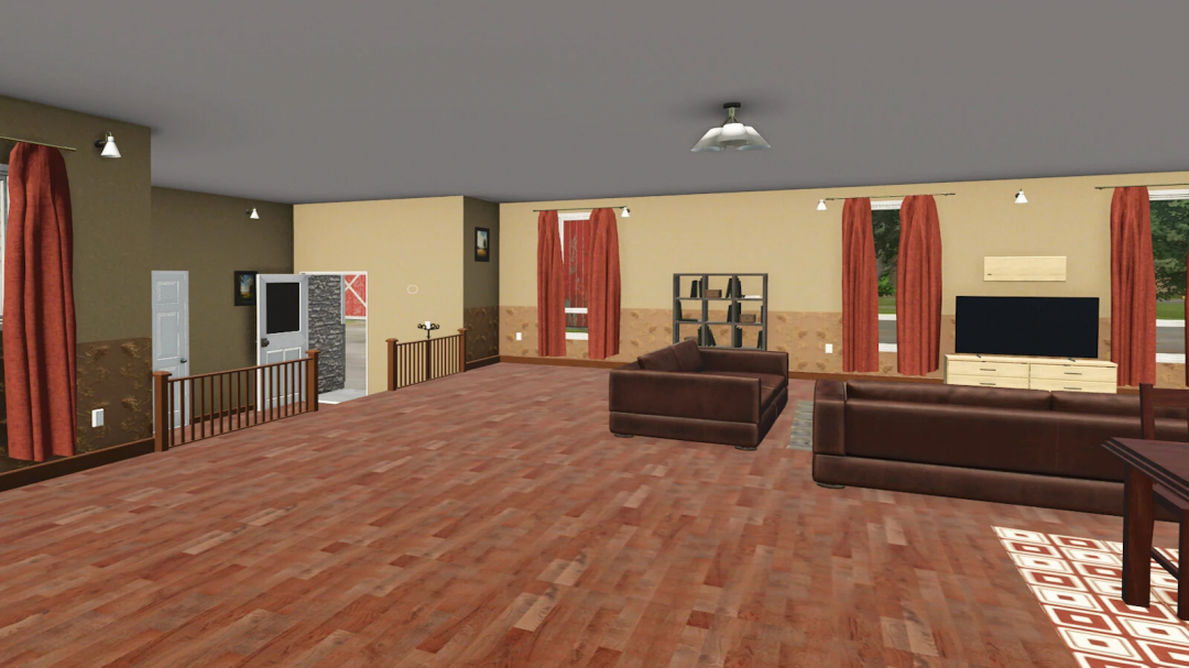 Farmhouse interior in FS25 mod featuring sofas, TV, and bookshelves. Cozy room design in Farming Simulator 25 mods.