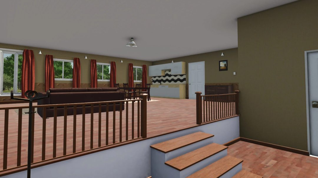 FS25 mods Farmhouse v1.0.0.0 interior with brown flooring, red curtains, and modern furnishings.