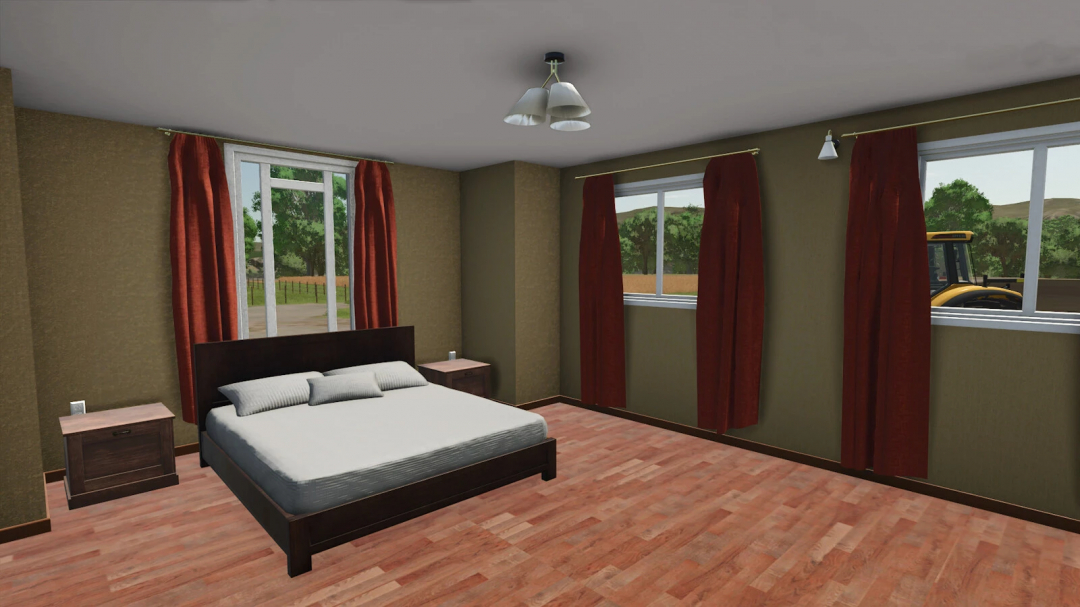 FS25 Farmhouse mod v1.0.0.0 bedroom with bed and red curtains