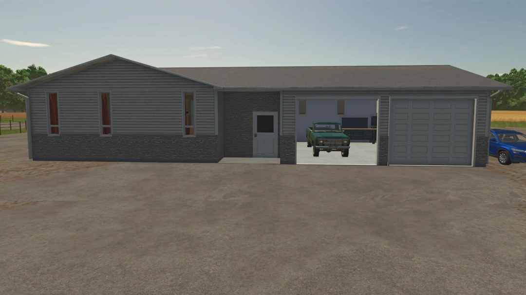 A farmhouse mod in FS25 featuring a garage with a vintage truck, enhancing gameplay realism in Farming Simulator 25.