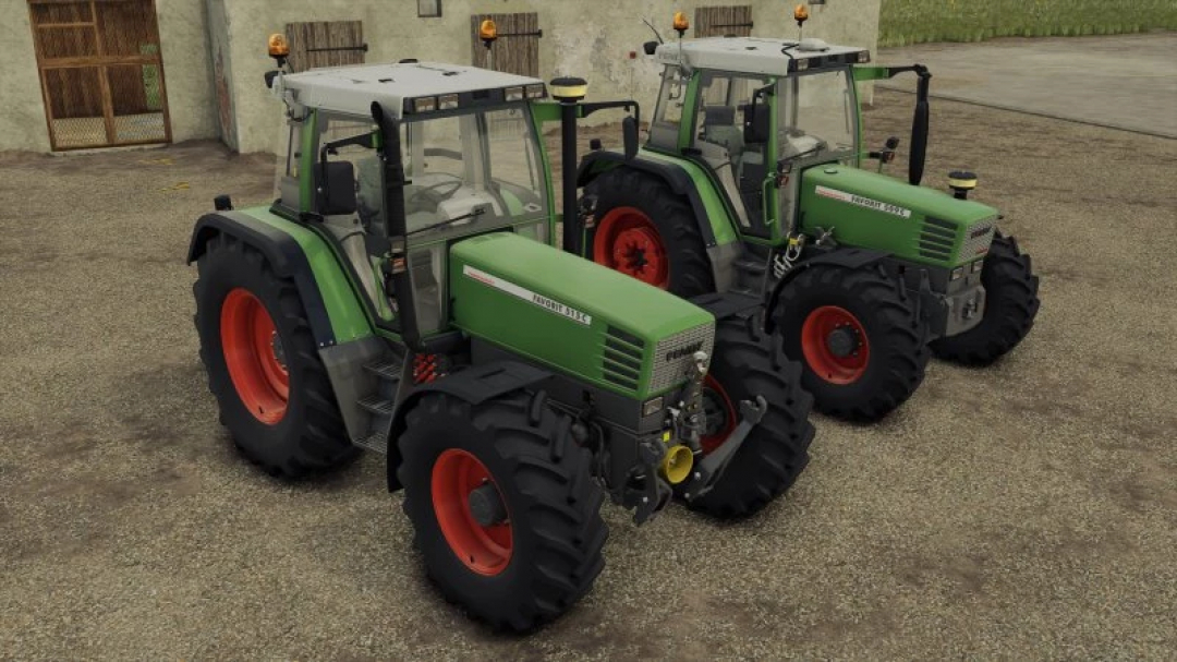 Two green Favorit 509 – 515 C-Series tractors mod for FS25 parked outside.