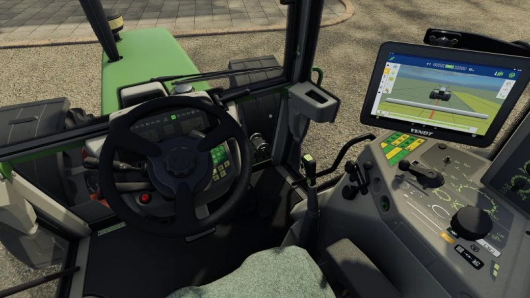 Interior view of a tractor cabin showcasing advanced controls in FS25 mod Favorit 509-515 C-Series v1.0.0.0.