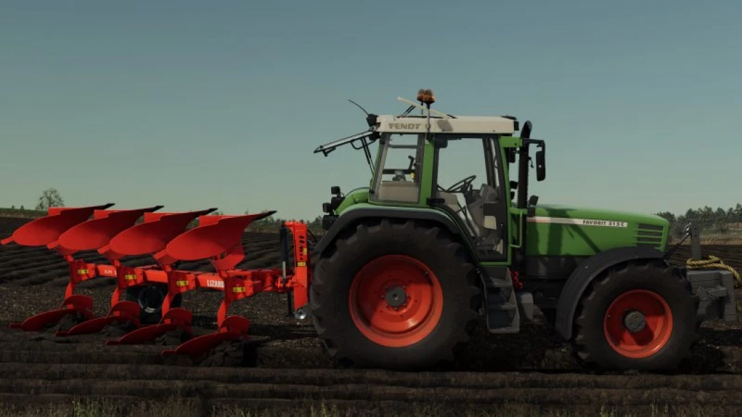 FS25 mod Favorit 509-515 C-Series tractor with plow on a farm field.