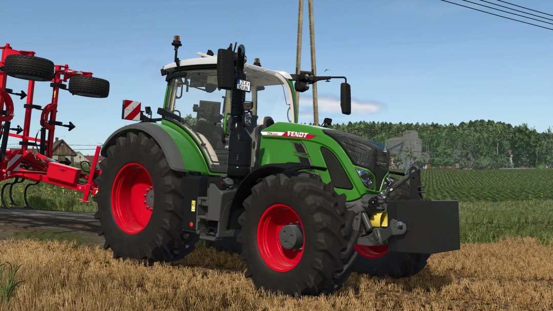 Fendt 700 Vario Series mod for FS25, showcasing a green tractor in a field with red equipment attached.