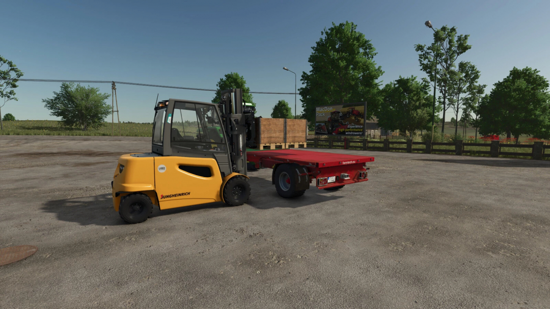 Fillable Pallet mod for FS25 featuring a forklift and a pallet on an open farm area.