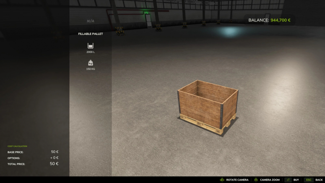 Image of a fillable pallet mod in Farming Simulator 25, showing a wooden pallet with 2000L capacity and 150kg weight in a warehouse setting.