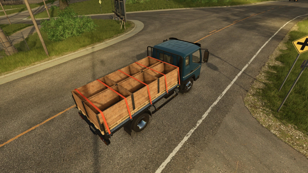 A truck carrying a fillable pallet on a rural road in FS25 mod, Farming Simulator 25.