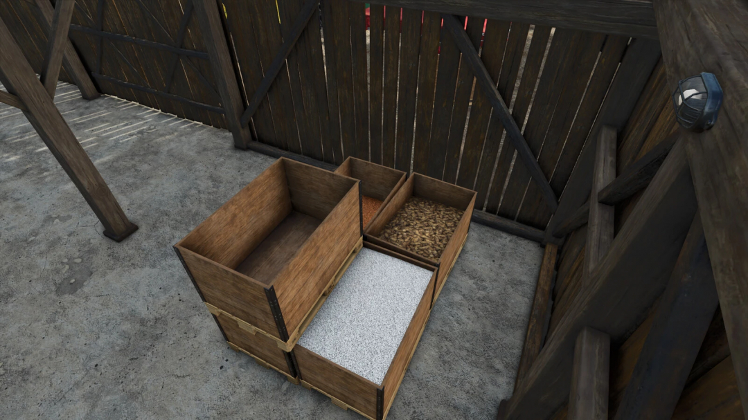 Fillable wooden pallet containing various materials in FS25 mod, Farming Simulator 25.