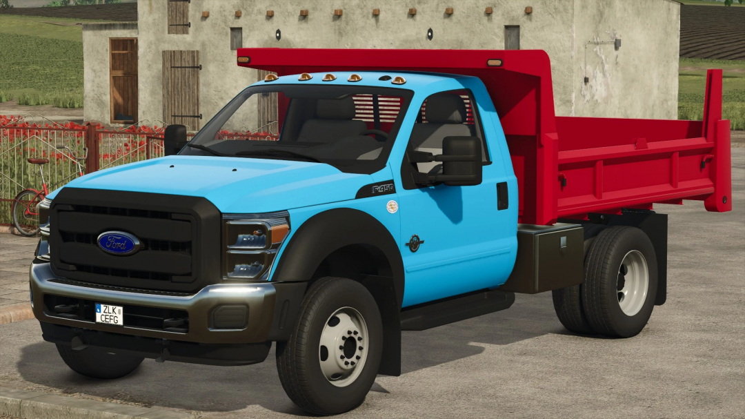 FS25 mod Ford F450 Dump Truck v1.0.0.0 with blue cab and red dump bed in Farming Simulator 25.