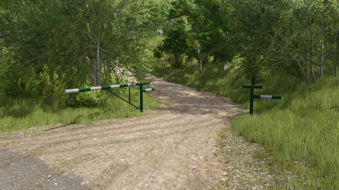 FS25 mod Forest Barrier v1.0.0.0 on a dirt pathway surrounded by lush green forest.