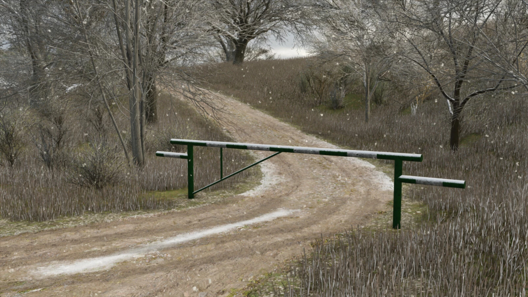 Forest Barrier mod for FS25, featuring a green metal gate in a snowy forest path. Farming Simulator 25 mods enhance gameplay.