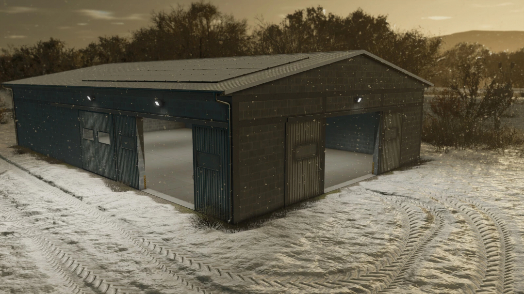 Garage 40x19 mod for FS25 in a snowy landscape in Farming Simulator 25.