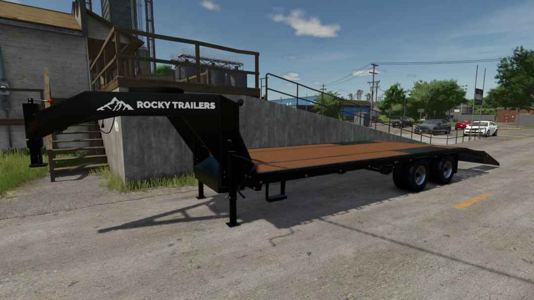 Gooseneck Trailer mod in FS25, shown on a concrete lot with surrounding buildings.