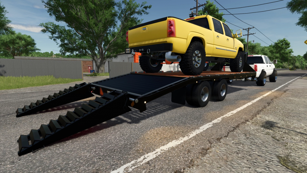 FS25 mod Gooseneck Trailer v1.0.0.0 transporting a yellow truck on a road.