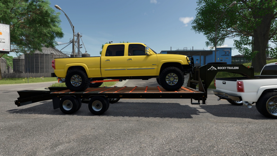 Yellow truck on Gooseneck Trailer mod in FS25, showcasing loading capability.