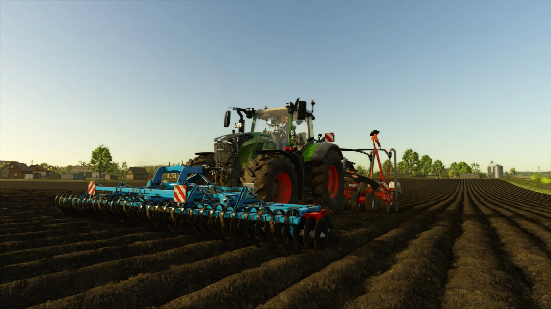 FS25 mod Gorenc Grinder 600 v1.0.0.0 showcased with a tractor on a plowed field in Farming Simulator 25.