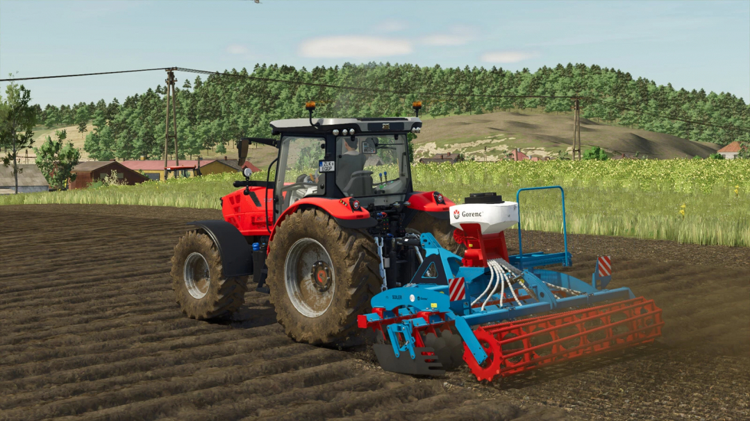 FS25 mod, Gorenc Soiler 300, attached to tractor on field in Farming Simulator 25.