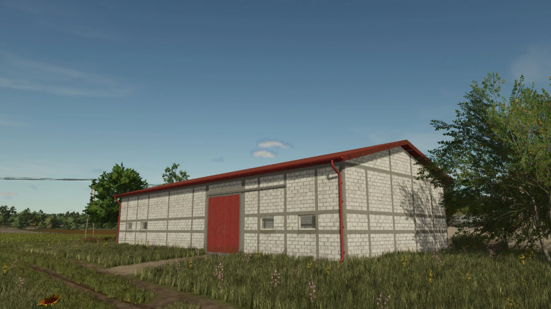 Grain Hall mod in FS25 featuring a brick building with a red roof set in a grassy field.