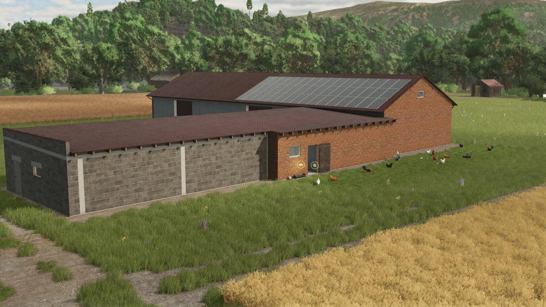 FS25 mods: Grain Storage with Hen House v1.0.0.0 in Farming Simulator 25 landscape, surrounded by fields and trees.