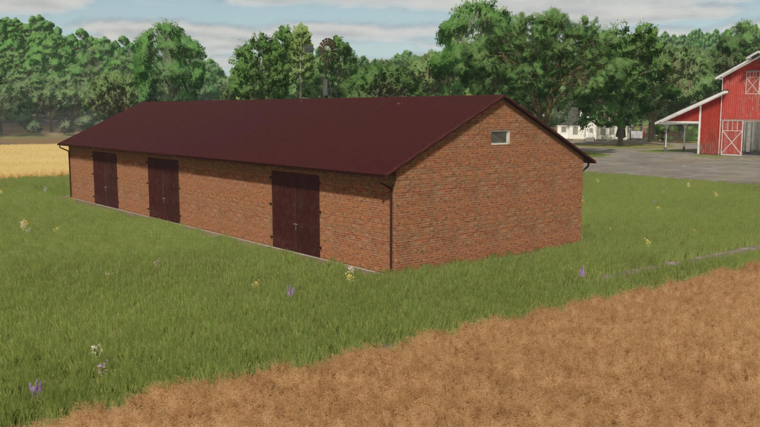 Brick grain storage and hen house mod for FS25 set in a lush green field.