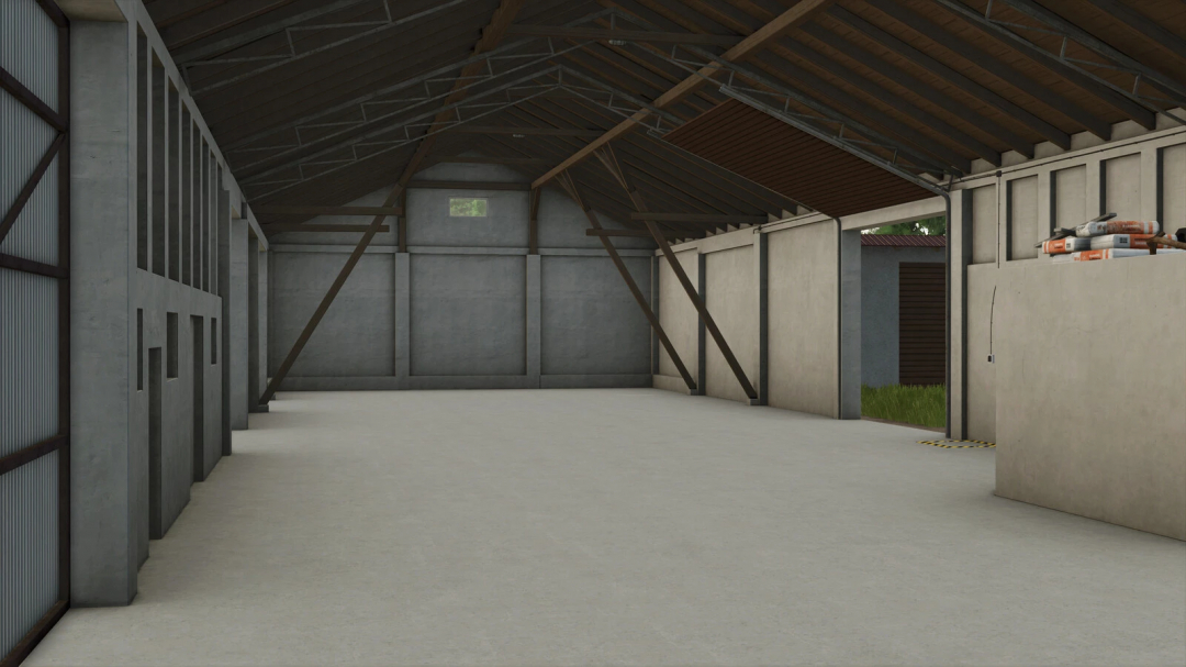 Interior view of Grain Storage With Hen House mod in FS25, showcasing spacious concrete and wood structure.