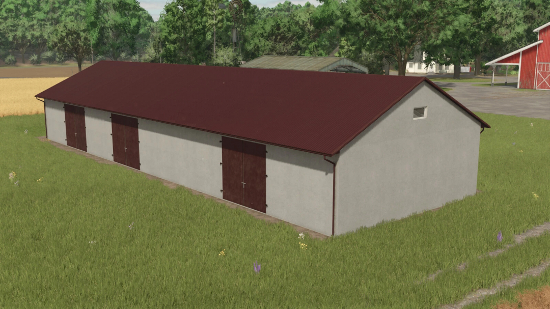 Grain Storage with Hen House mod for FS25, featuring a red-roofed barn on a grassy field.