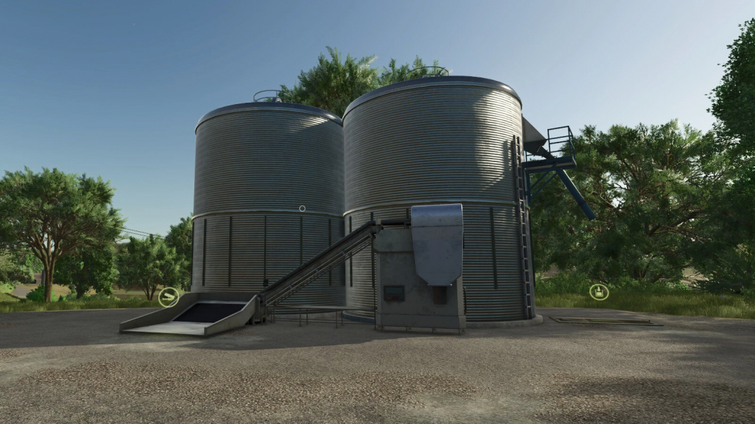 Grape Silo mod in FS25 features two large metal storage units in a lush rural setting.