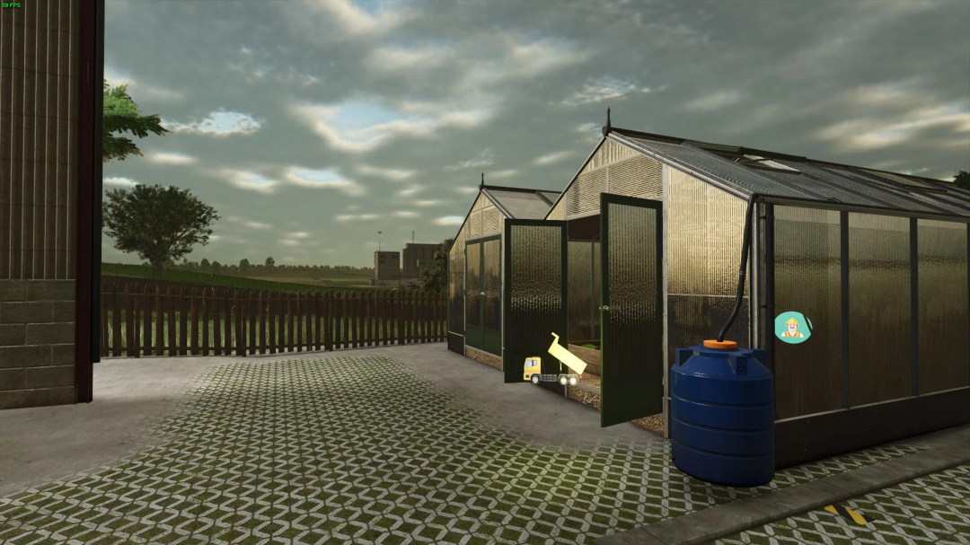 GreenHouse Pack mod in FS25 showing multiple greenhouses with open doors and a water tank outside.