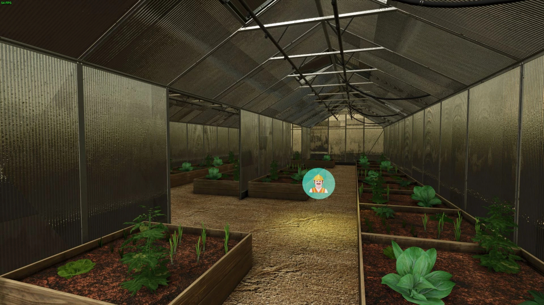 FS25 GreenHouse Pack mod showing a greenhouse interior with growing plants in Farming Simulator 25.