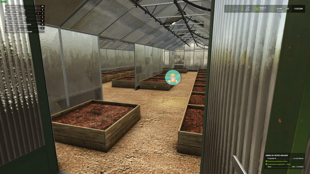 FS25 GreenHouse Pack mod v1.0.0.0 image displaying interior with planting beds in Farming Simulator 25.