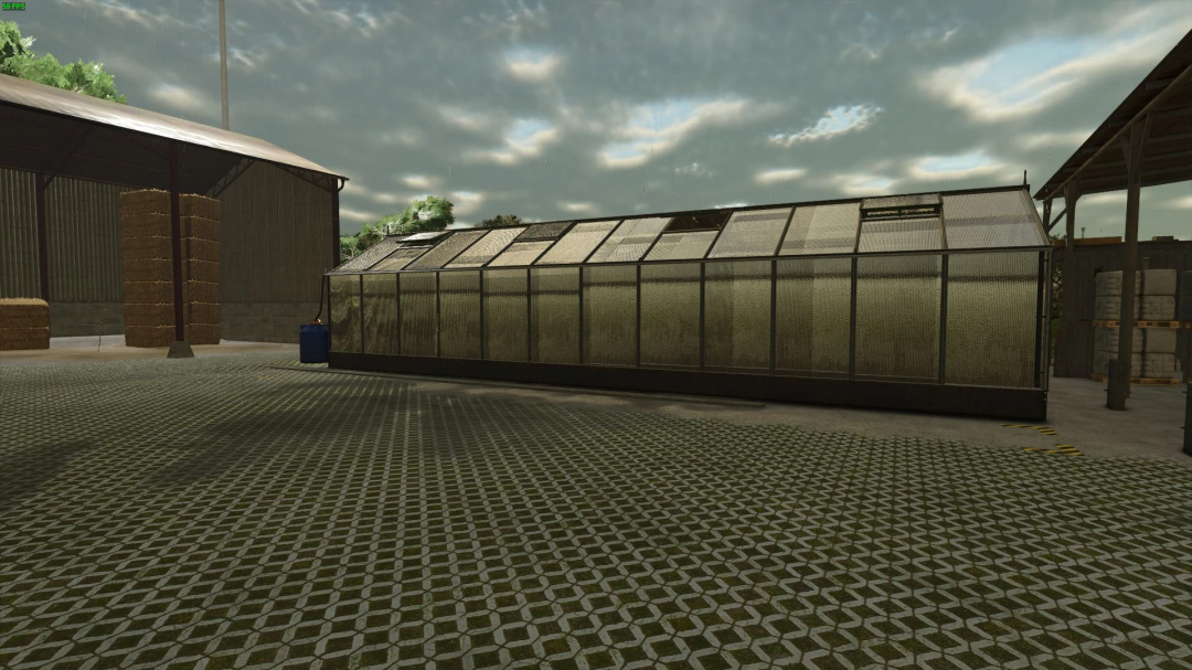 FS25 GreenHouse Pack v1.0.0.0 mod showcasing a large glass greenhouse on a farm, part of the Farming Simulator 25 mods.