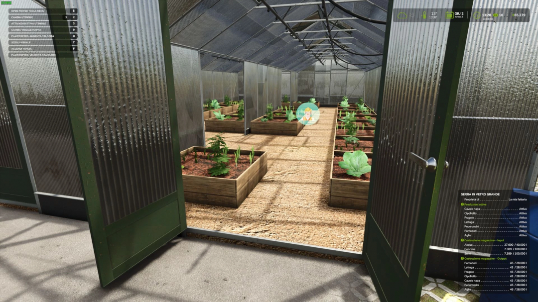 Greenhouse interior in FS25 showing planted crops in wooden beds, part of GreenHouse Pack v1.0.0.0 mods.