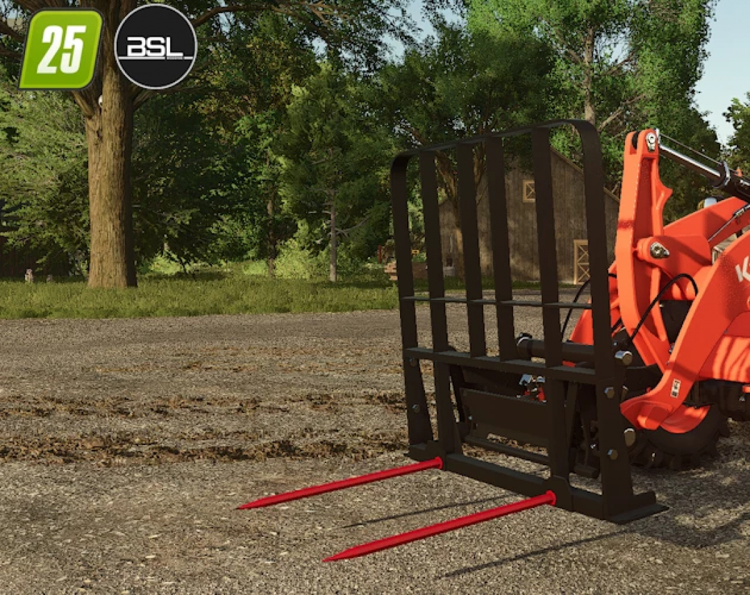 FS25 HLA Double Prong Bale Spear v1.0.0.0 mod in action, displaying red spears attached to a front loader in a farm setting.