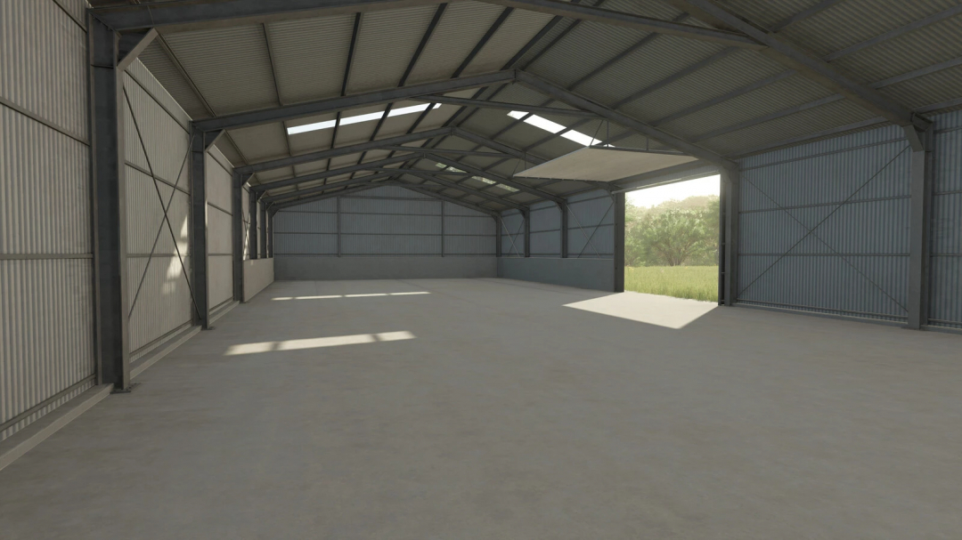 Interior of Hall 15x38 mod for FS25, showcasing spacious design with metal beams and natural light exposure.